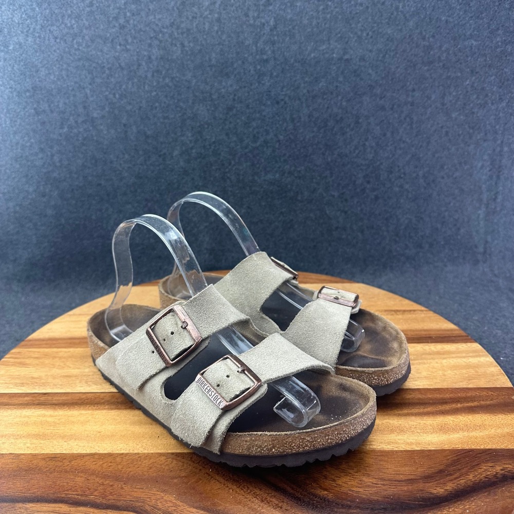 Birkenstock Arizona Suede Sandals Taupe Women Size 8 Two Strap Cork Slide - Picture 2 of 14